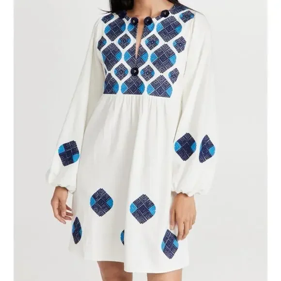 Figue Lucie White Blue Embroidered Pom Pom Long Balloon Sleeves Boho Mini Dress - Picture 1 of 13